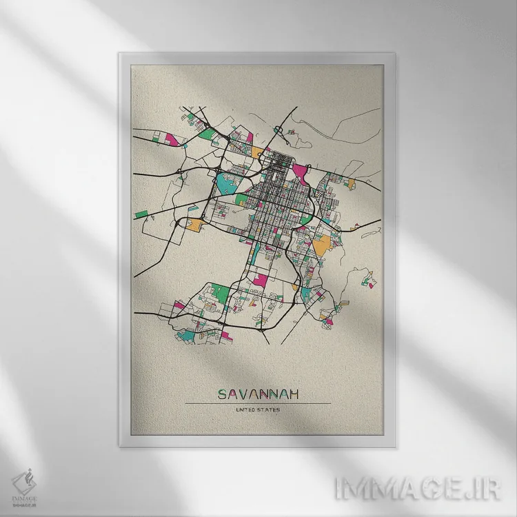 تابلو نقشهٔ ساوانا، جورجیا اثر آیشه دنیز آکِرمان - نمای قابدار سفید