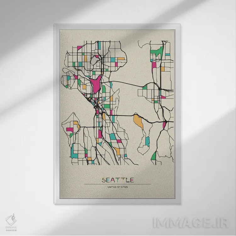 تابلو نقشهٔ سیاتل، واشینگتن اثر آیشه دنیز آکِرمان - نمای قابدار سفید