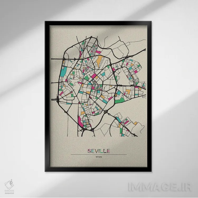 تابلو نقشهٔ سویا، اسپانیا اثر آیشه دنیز آکِرمان - نمای قابدار مشکی