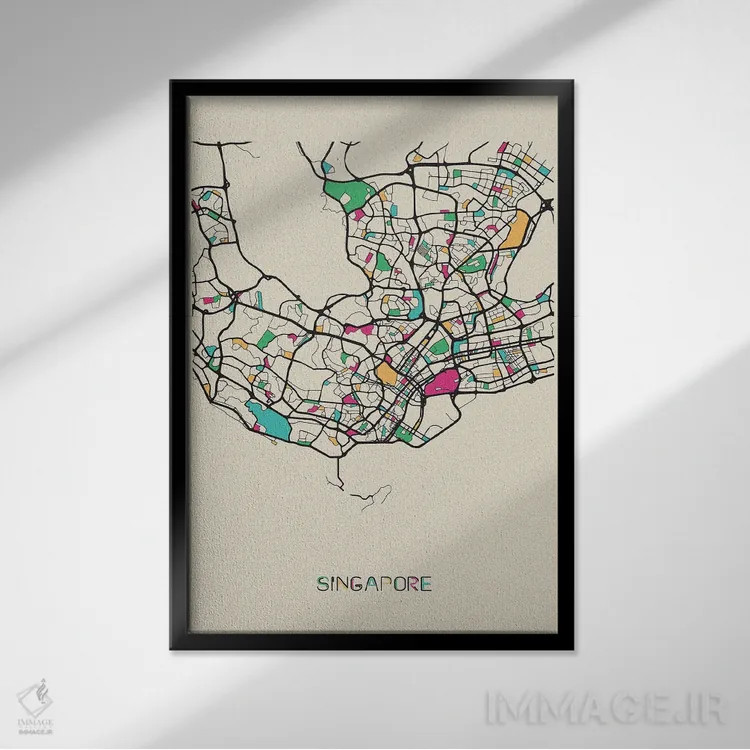 تابلو نقشهٔ سنگاپور اثر آیشه دنیز آکِرمان - نمای قابدار مشکی