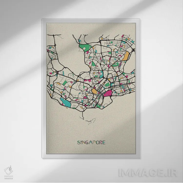 تابلو نقشهٔ سنگاپور اثر آیشه دنیز آکِرمان - نمای قابدار سفید