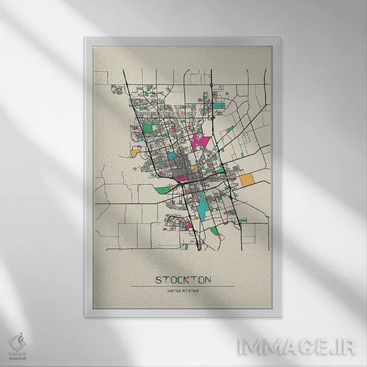 تابلو نقشهٔ استاکتون، کالیفرنیا اثر آیشه دنیز آکِرمان - نمای قابدار سفید