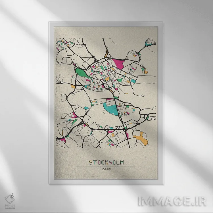 تابلو نقشهٔ استکهلم، سوئد اثر آیشه دنیز آکِرمان - نمای قابدار سفید