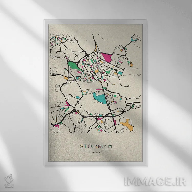 تابلو نقشهٔ استکهلم، سوئد اثر آیشه دنیز آکِرمان - نمای قابدار سفید