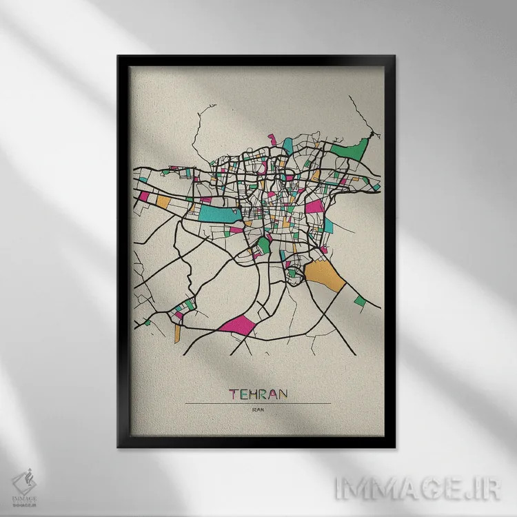 تابلو نقشهٔ تهران، ایران اثر آیشه دنیز آکِرمان - نمای قابدار مشکی