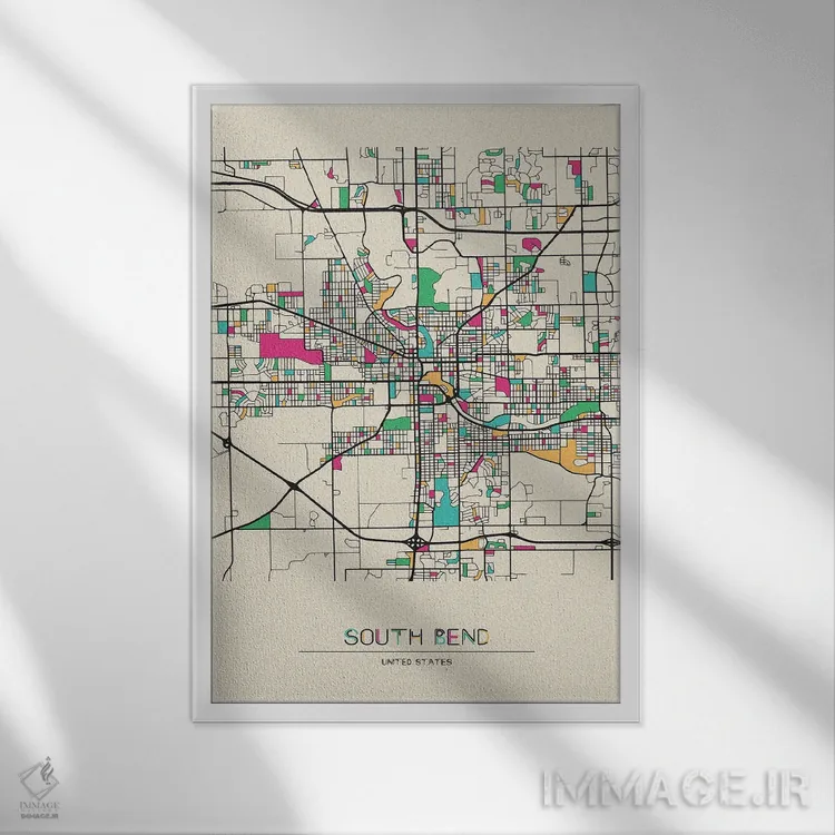 تابلو نقشهٔ ساوث بند، ایندیانا اثر آیشه دنیز آکِرمان - نمای قابدار سفید