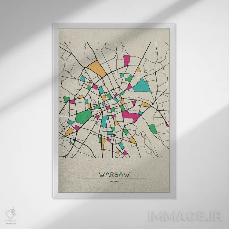 تابلو نقشهٔ ورشو، لهستان اثر آیشه دنیز آکِرمان - نمای قابدار سفید