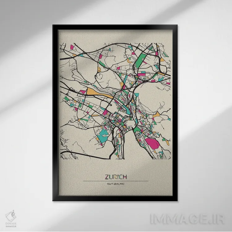 تابلو نقشهٔ زوریخ، سوئیس اثر آیشه دنیز آکِرمان - نمای قابدار مشکی