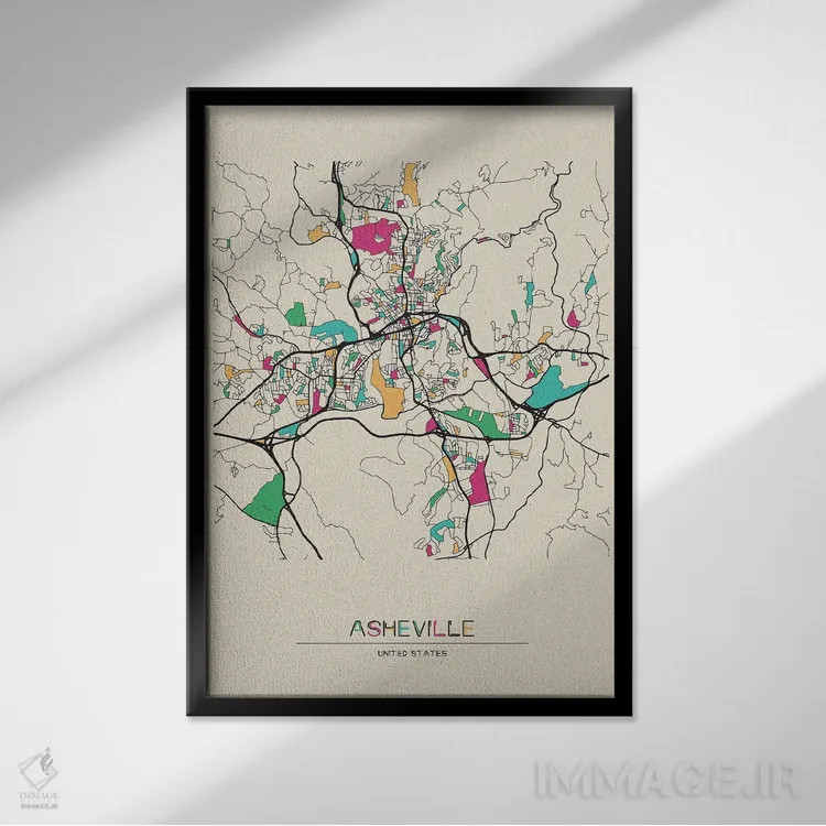 تابلو نقشهٔ اشویل، کارولینای شمالی اثر آیشه دنیز آکِرمان - نمای قابدار مشکی