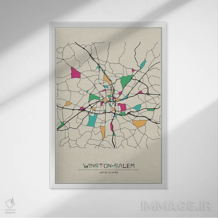 تابلو نقشهٔ وینستون-سیلم، کارولینای شمالی اثر آیشه دنیز آکِرمان - نمای قابدار سفید