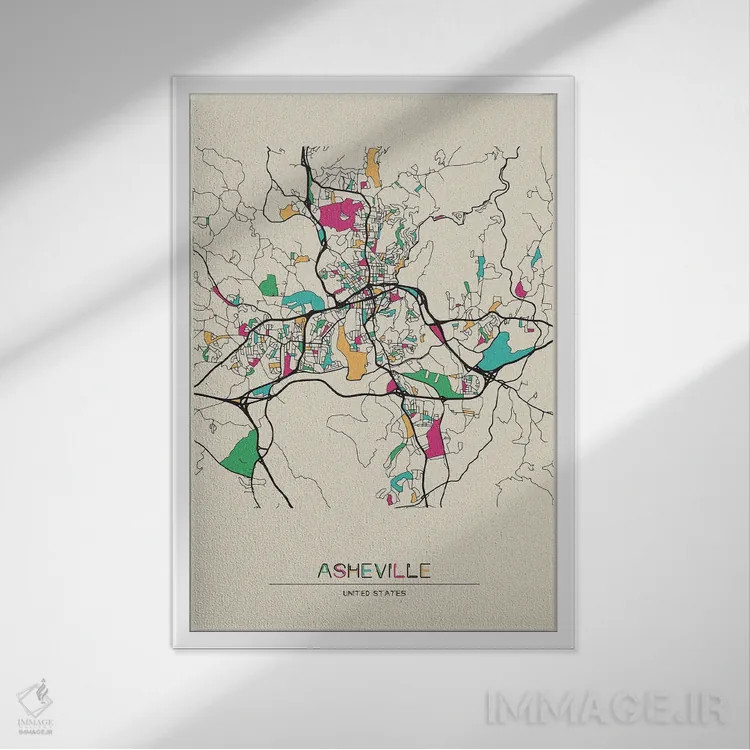 تابلو نقشهٔ اشویل، کارولینای شمالی اثر آیشه دنیز آکِرمان - نمای قابدار سفید