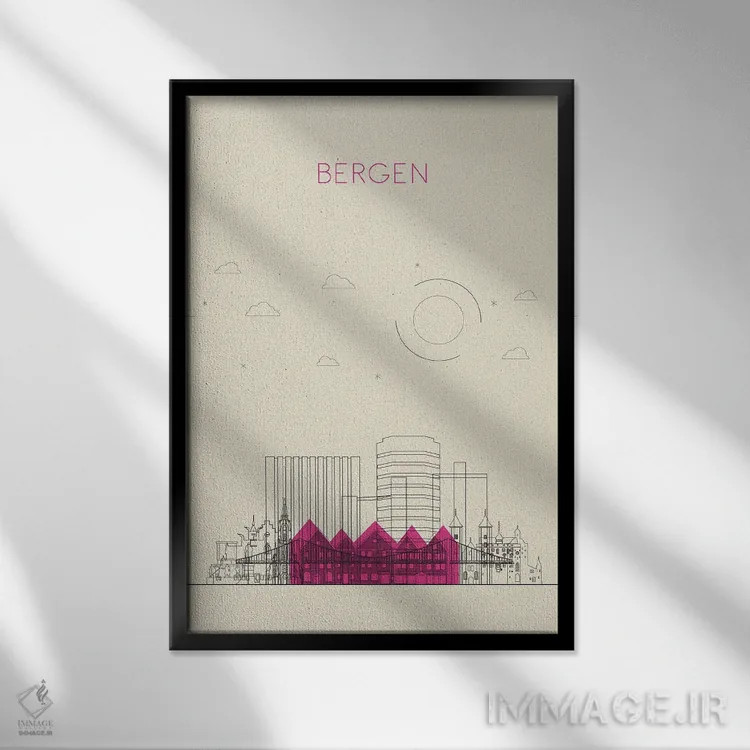 تابلو نمای شهری برگن، نروژ اثر آیشه دنیز آکِرمان - نمای قابدار مشکی