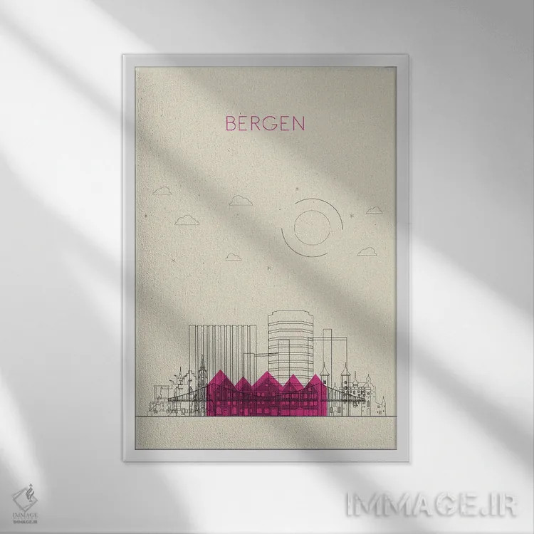 تابلو نمای شهری برگن، نروژ اثر آیشه دنیز آکِرمان - نمای قابدار سفید