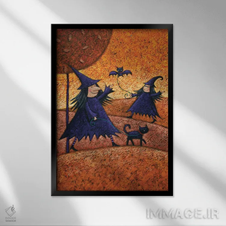 تابلو جادوگران هالووین اثر پیتر آدرلی - نمای قابدار مشکی