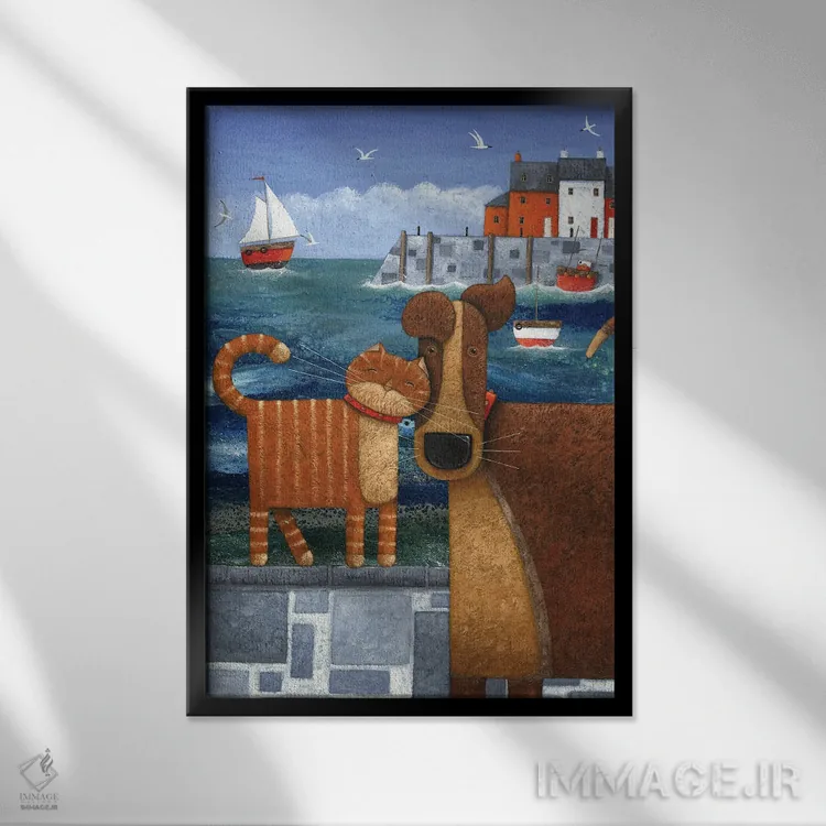 تابلو حیوانات خانگی کنار دریا اثر پیتر آدرلی - نمای قابدار مشکی