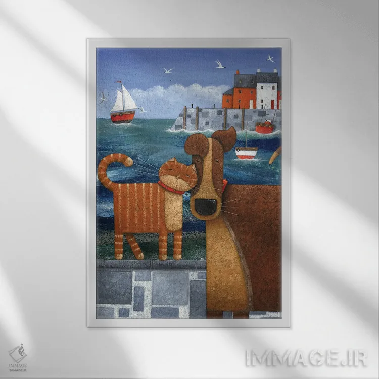 تابلو حیوانات خانگی کنار دریا اثر پیتر آدرلی - نمای قابدار سفید