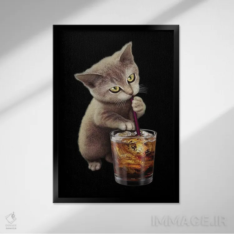 تابلو گربه و نوشابه اثر آدام لاولس - نمای قابدار مشکی
