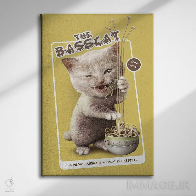 تابلو گربهی بیس (ترکیب گربه و بیس موسیقی/ماهی) اثر آدام لاولس - نمای روبهرو روی دیوار
