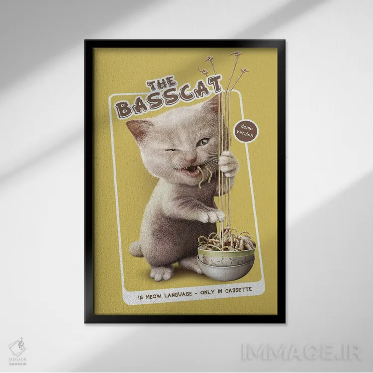 تابلو گربهی بیس (ترکیب گربه و بیس موسیقی/ماهی) اثر آدام لاولس - نمای قابدار مشکی