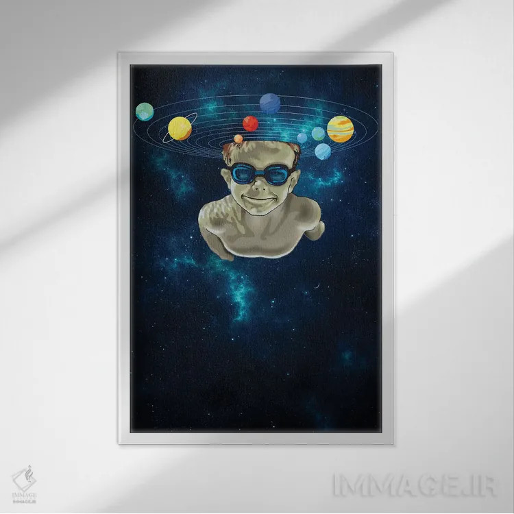 تابلو شنا در جهان هستی اثر آدام لاولس - نمای قابدار سفید