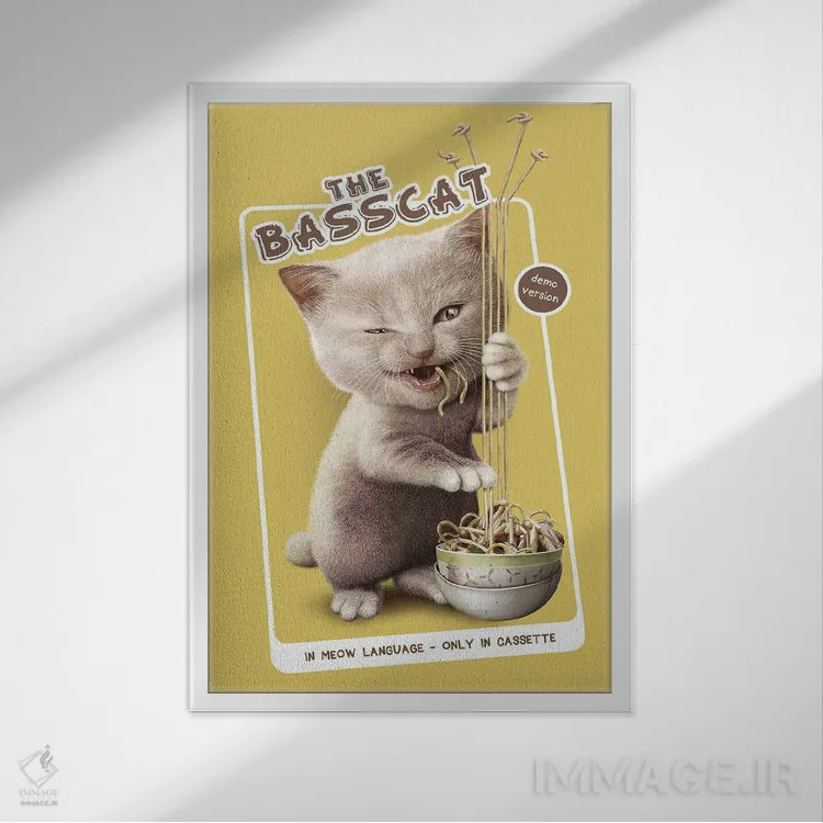 تابلو گربهی بیس (ترکیب گربه و بیس موسیقی/ماهی) اثر آدام لاولس - نمای قابدار سفید