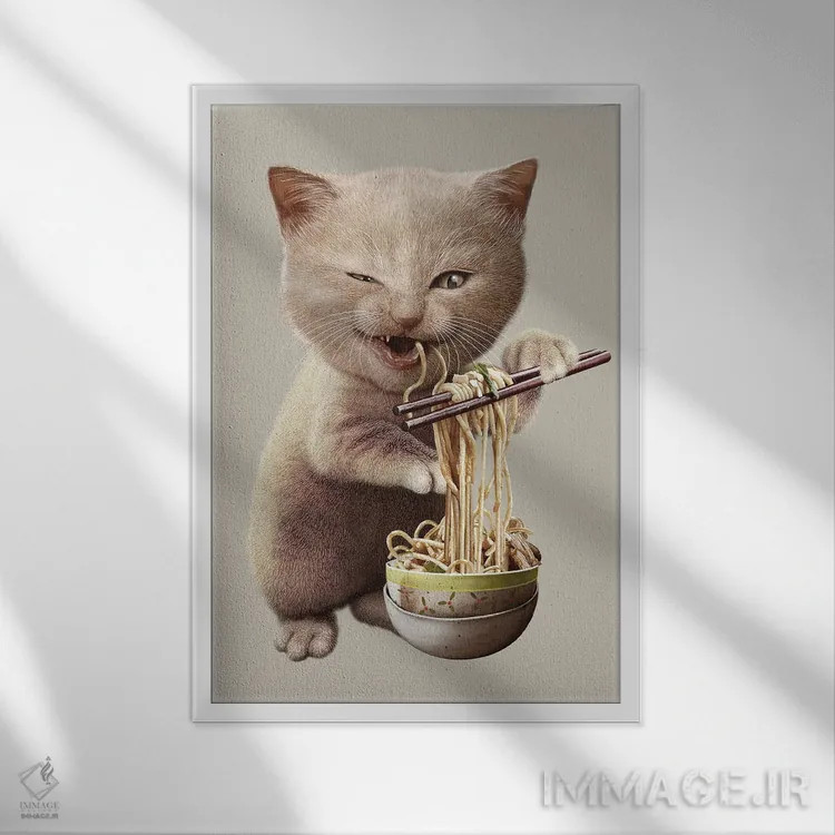 تابلو گربه رشتهمیخورد اثر آدام لاولس - نمای قابدار سفید