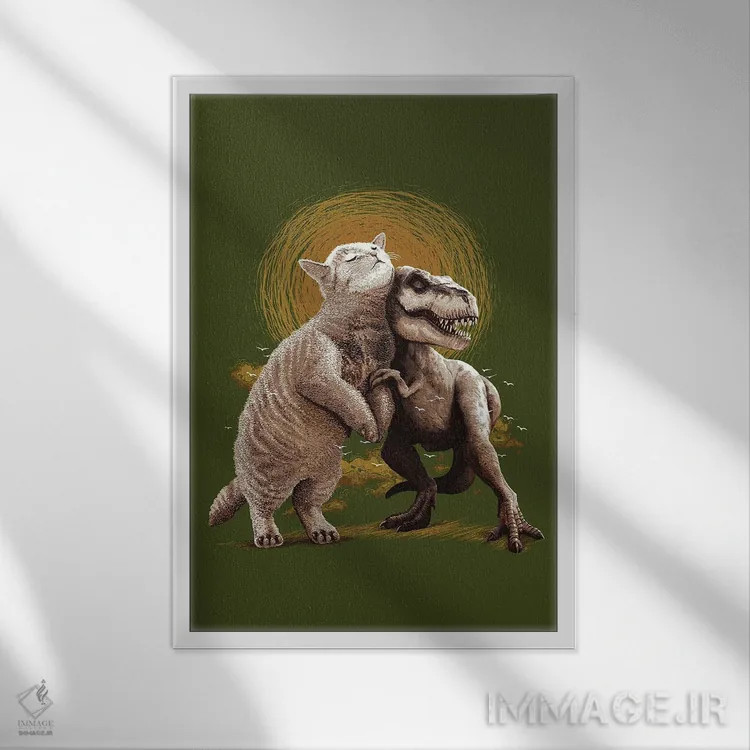 تابلو گربه و تیرانوزاروس (دایناسور تیرکس) اثر آدام لاولس - نمای قابدار سفید