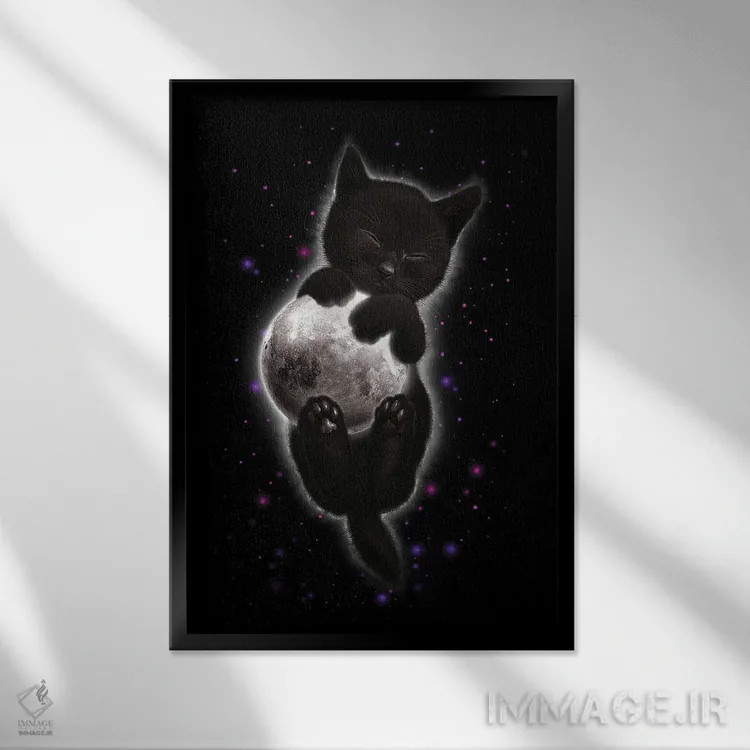 تابلو گربهای که ماه را در آغوش گرفته است اثر آدام لاولس - نمای قابدار مشکی