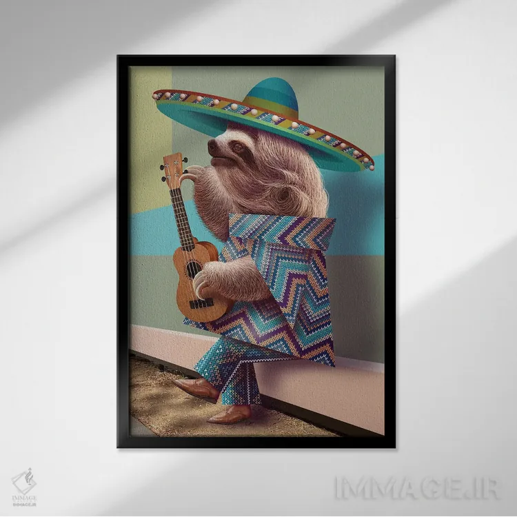 تابلو کُندروی مکزیکی در حال کوک کردن گیتار اثر آدام لاولس - نمای قابدار مشکی