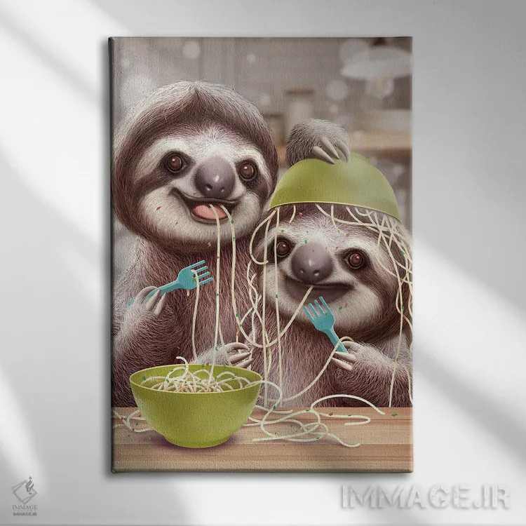 تابلو کُندروهای جوان اسپاگتی میخورند اثر آدام لاولس - نمای روبهرو روی دیوار