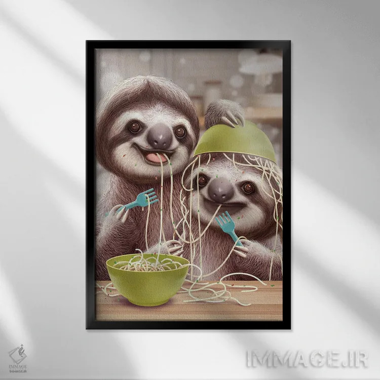 تابلو کُندروهای جوان اسپاگتی میخورند اثر آدام لاولس - نمای قابدار مشکی