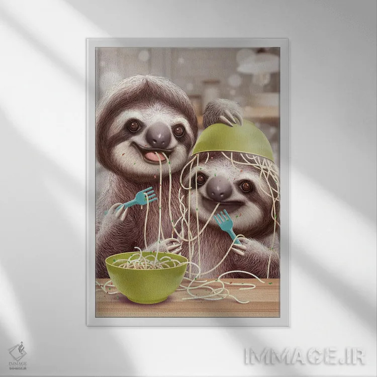 تابلو کُندروهای جوان اسپاگتی میخورند اثر آدام لاولس - نمای قابدار سفید