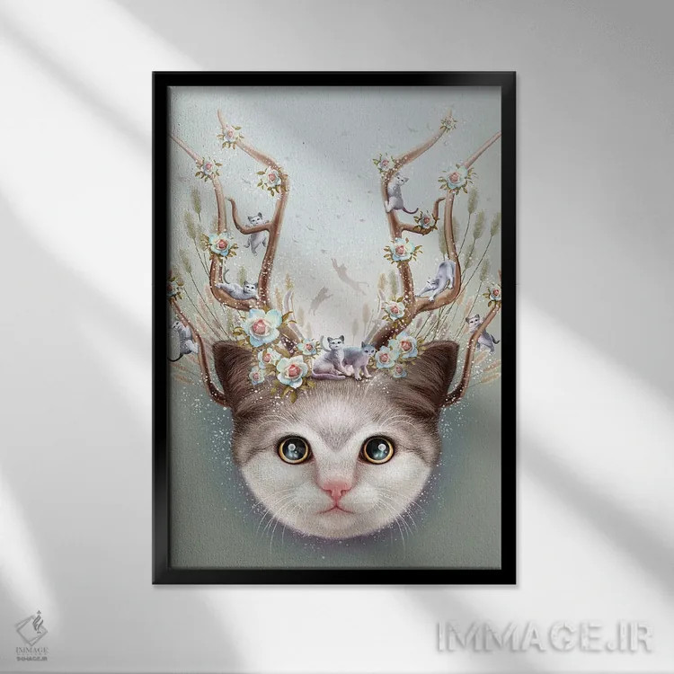 تابلو بچهگربه با شاخ بالا اثر آدام لاولس - نمای قابدار مشکی