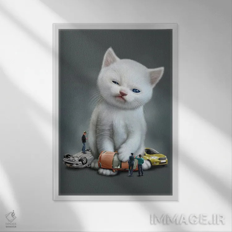 تابلو بچهگربه در مقابل خودروها اثر آدام لاولس - نمای قابدار سفید