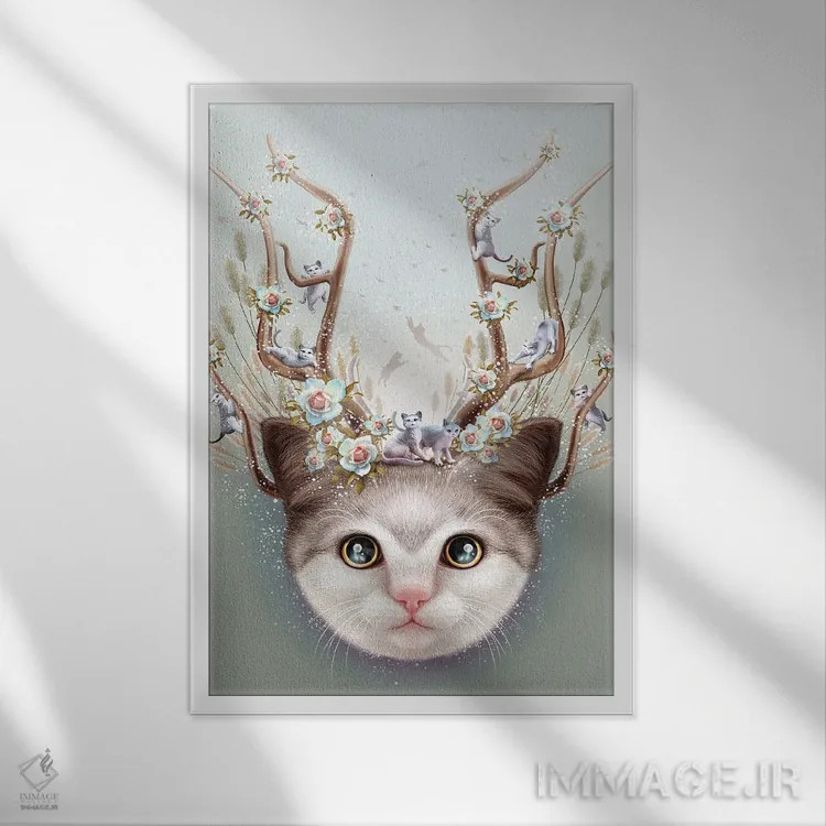 تابلو بچهگربه با شاخ بالا اثر آدام لاولس - نمای قابدار سفید