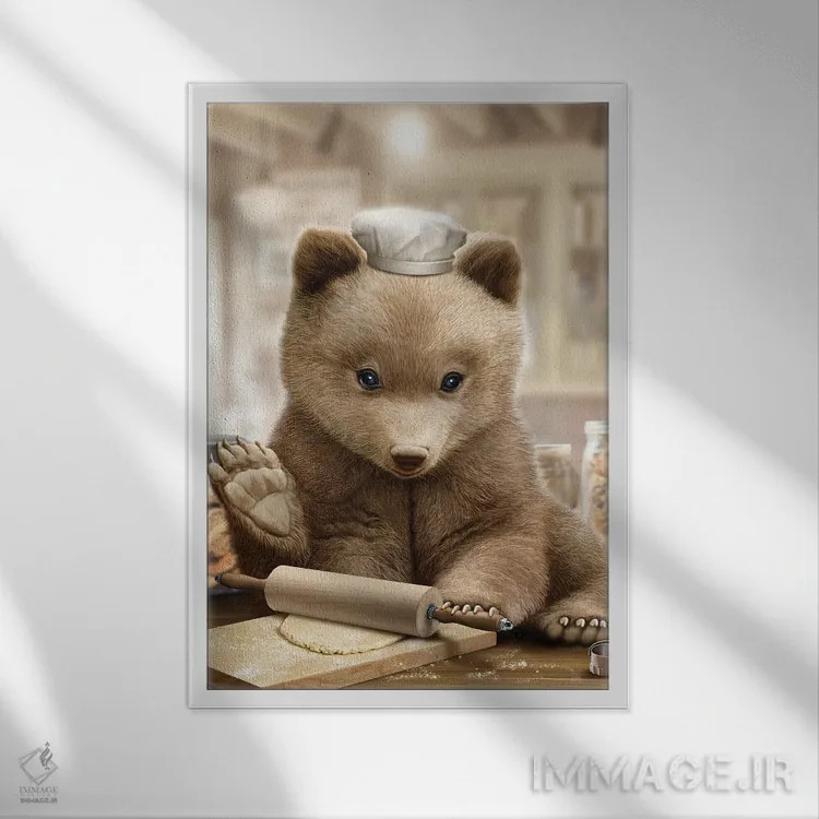 تابلو خرس سرآشپز اثر آدام لاولس - نمای قابدار سفید