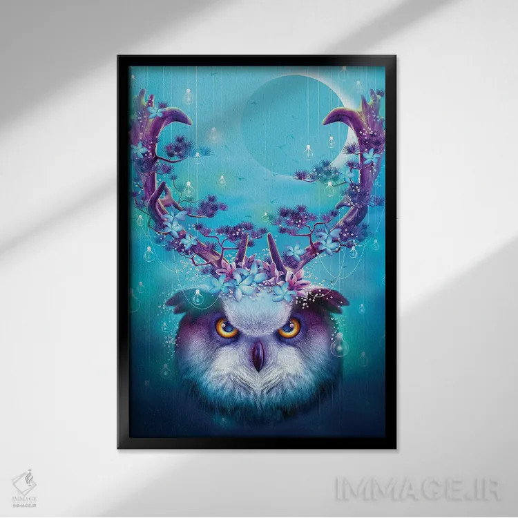 تابلو جغد با شاخ بالا اثر آدام لاولس - نمای قابدار مشکی