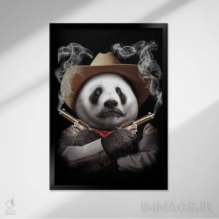 تابلو پاندا با تفنگ ضربدری اثر آدام لاولس - نمای قابدار مشکی