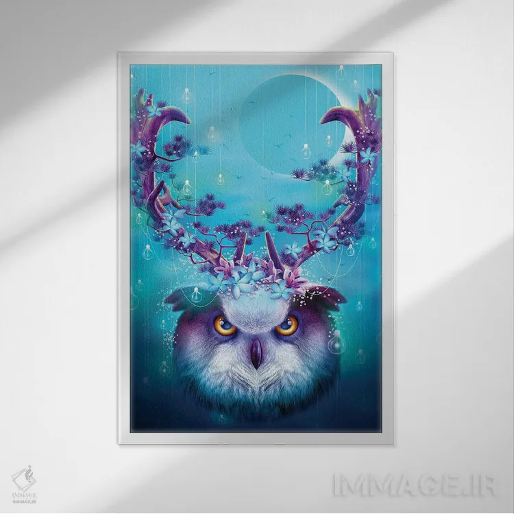 تابلو جغد با شاخ بالا اثر آدام لاولس - نمای قابدار سفید