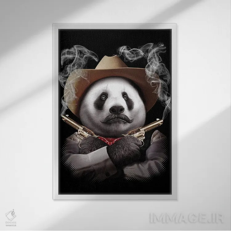 تابلو پاندا با تفنگ ضربدری اثر آدام لاولس - نمای قابدار سفید