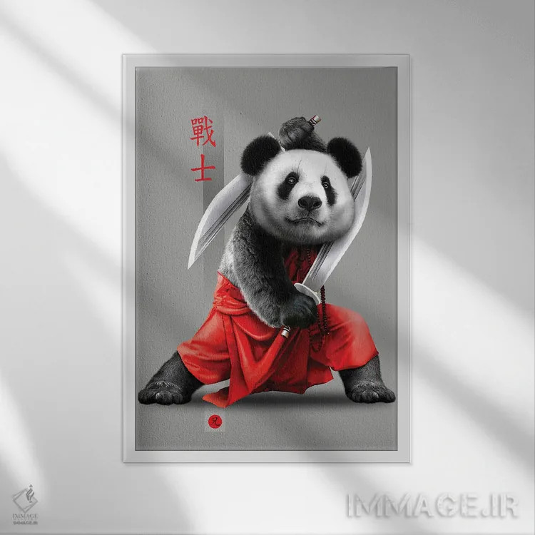 تابلو پاندا با شمشیرها اثر آدام لاولس - نمای قابدار سفید