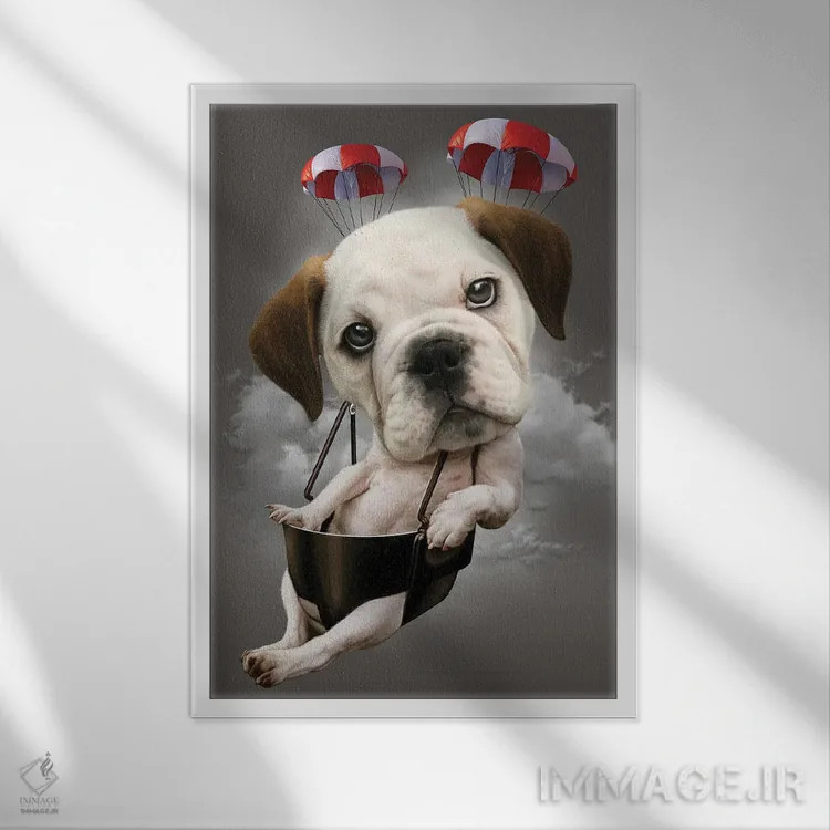 تابلو سگ چترباز اثر آدام لاولس - نمای قابدار سفید