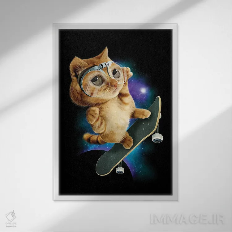 تابلو گربهٔ اسکیتباز اثر آدام لاولس - نمای قابدار سفید