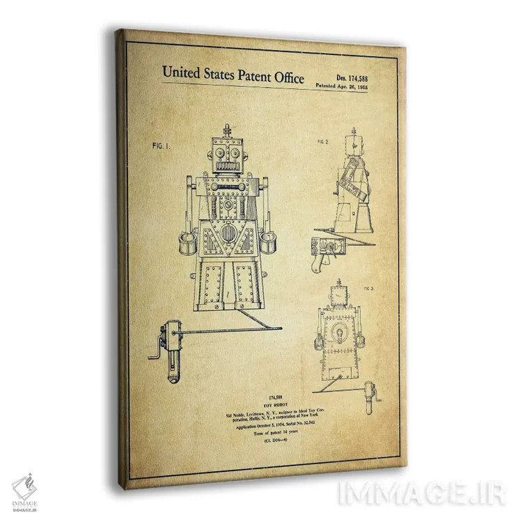 تابلو نقشهٔ پتنت ربات اسباببازی قدیمی اثر پیکسل کهنه (استودیو/نام هنری) - نمای پرسپکتیو محصول