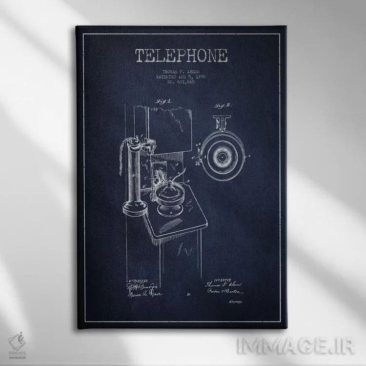 تابلو نقشهٔ پتنت تلفن آهرن (آبی) اثر پیکسل کهنه (استودیو/نام هنری) - نمای روبهرو روی دیوار