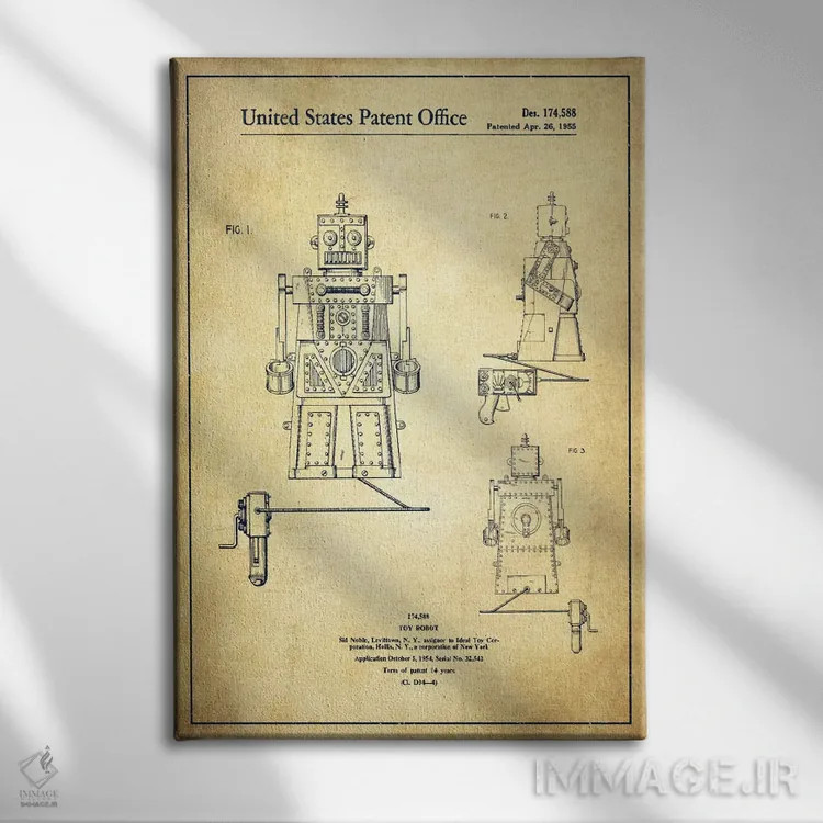 تابلو نقشهٔ پتنت ربات اسباببازی قدیمی اثر پیکسل کهنه (استودیو/نام هنری) - نمای روبهرو روی دیوار