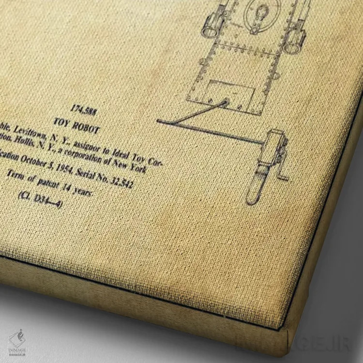 تابلو نقشهٔ پتنت ربات اسباببازی قدیمی اثر پیکسل کهنه (استودیو/نام هنری) - نمای نزدیک بافت بوم