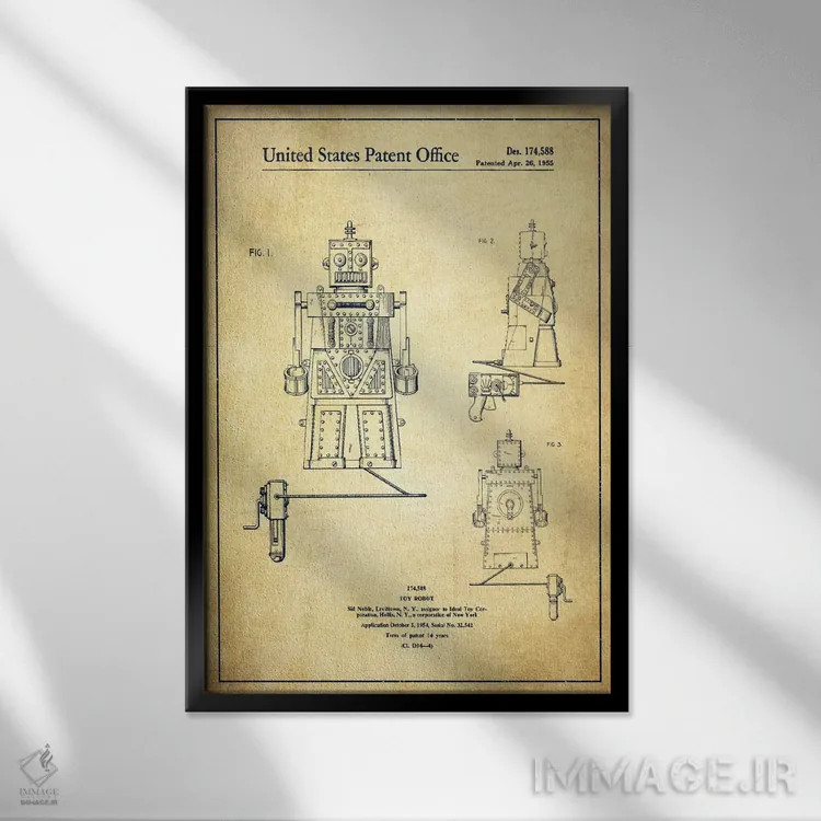 تابلو نقشهٔ پتنت ربات اسباببازی قدیمی اثر پیکسل کهنه (استودیو/نام هنری) - نمای قابدار مشکی