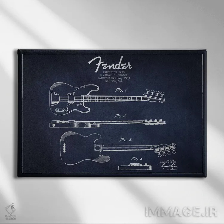 تابلو نقشهٔ پتنت گیتار فندر (آبی نفتی) اثر پیکسل کهنه (استودیو/نام هنری) - نمای روبهرو روی دیوار