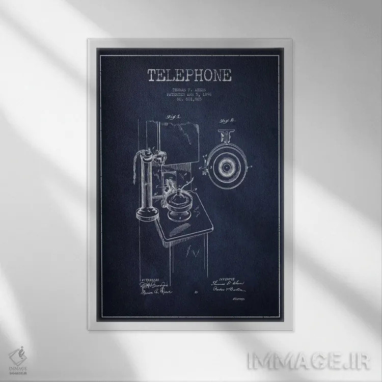 تابلو نقشهٔ پتنت تلفن آهرن (آبی) اثر پیکسل کهنه (استودیو/نام هنری) - نمای قابدار سفید